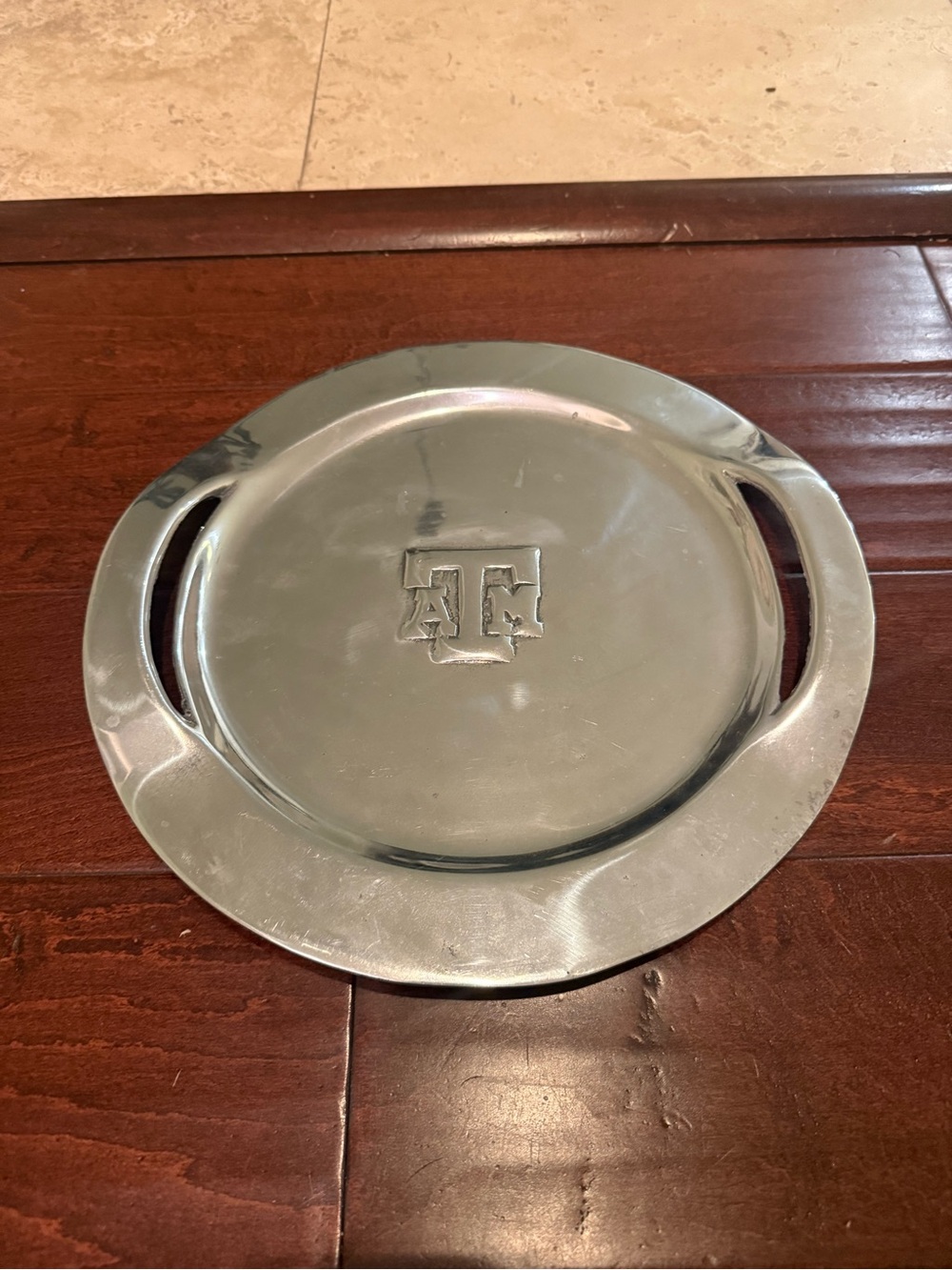Monogrammed Metal Texas A&M Serving Tray with Double Handles - Silver Pewter - Picture 2 of 5